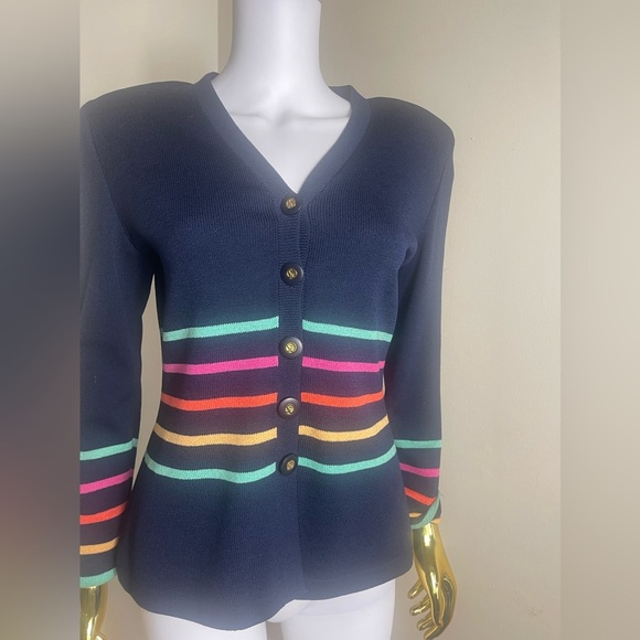 St. John knit Navy Cardigan sweater jacket with Multicolor Stripes - Picture 7 of 9